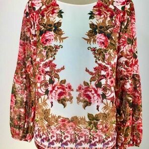 Zac & Rachel Size PXL PINK Ivory Chiffon floral long balloon sleeve Top No Iron